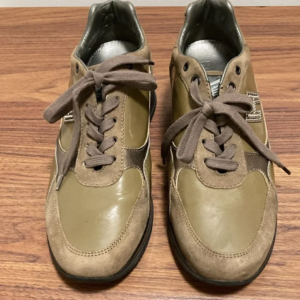 Hogan Womens’ Brown Suede & Olive Green Leather Low Top Sneaker. Size EU 36.5.